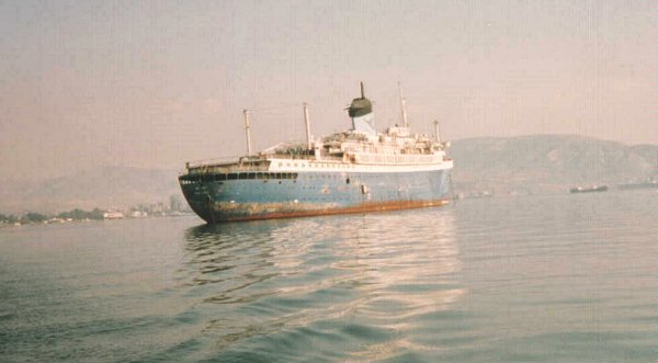 The Alferdoss moored in Eleusis Bay, Greece.
